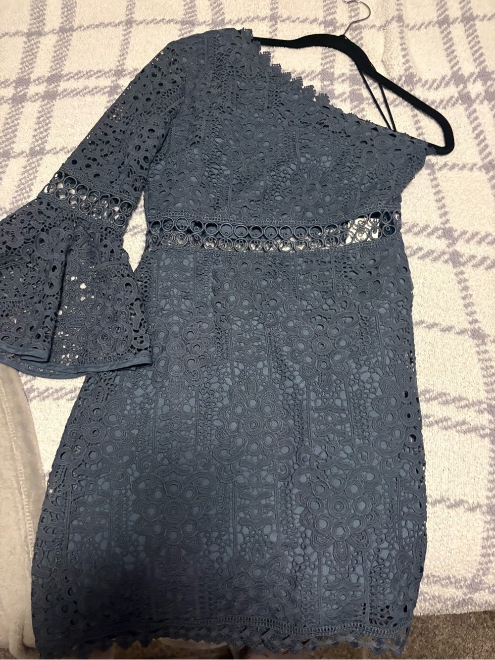 Asymmetric One-Shoulder Navy Crochet Lace Dress